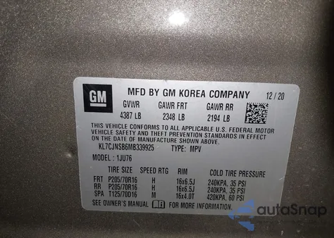 2021 Chevrolet Trax Awd Ls из США, поврежденный, VIN KL7CJNSB6MB339925